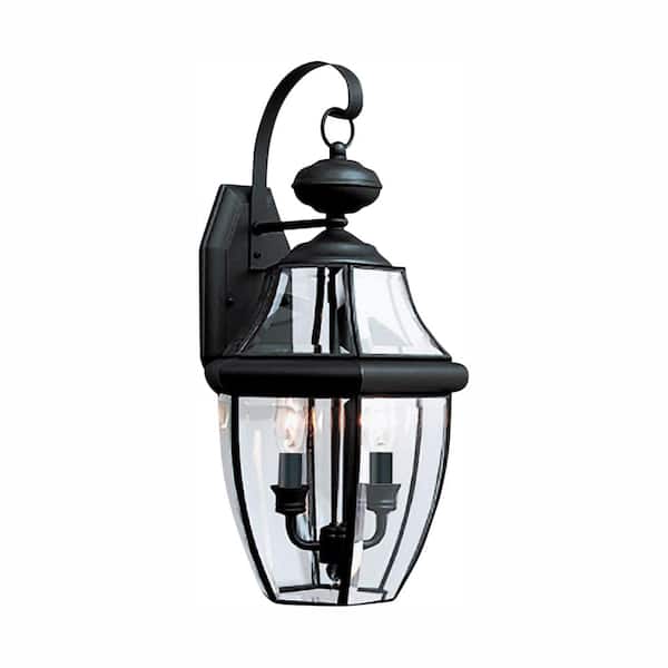 Generation Lighting Lancaster 2-Light Black Outdoor 20.5 in. Wall Lantern Sconce with Dimmable Candelabra LED Bulb