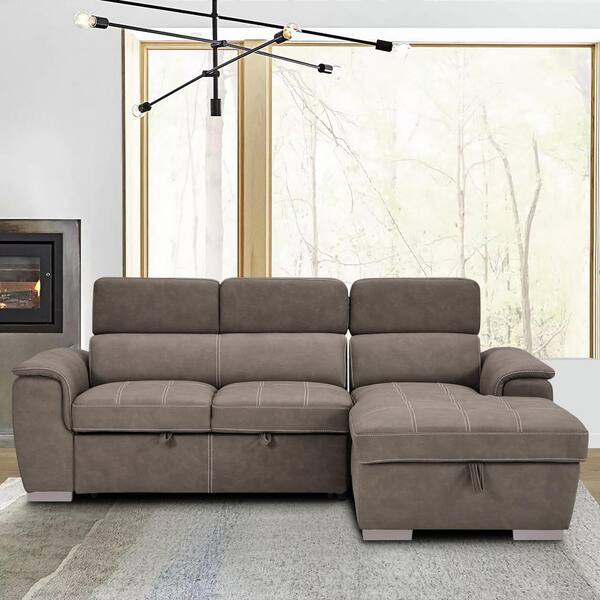 EVERGLADE HOME Warrick 98 in. W 2-Piece Microfiber Upholstery Sectional Sofa in Taupe w/ Pull-out Bed & Storage