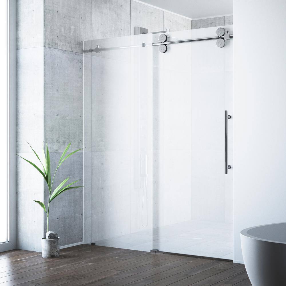 Frameless 60" Frosted Glass Sliding Shower Door with Brushed Stainless Steel Hardware