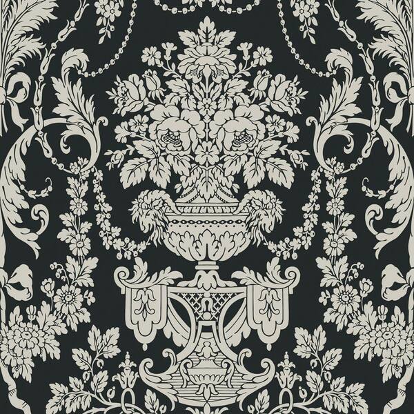 The Wallpaper Company 56 sq. ft. Black And Pewter Damask Wallpaper