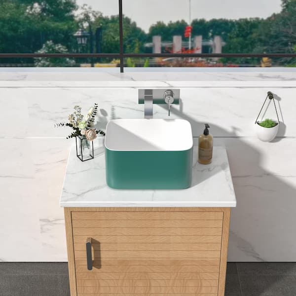 Logmey 15.7 in. L x 12 in. W x 8.5 in. H Rectangular Ceramic Bathroom Vessel Sink Above Counter Deepen Art Basin in Green