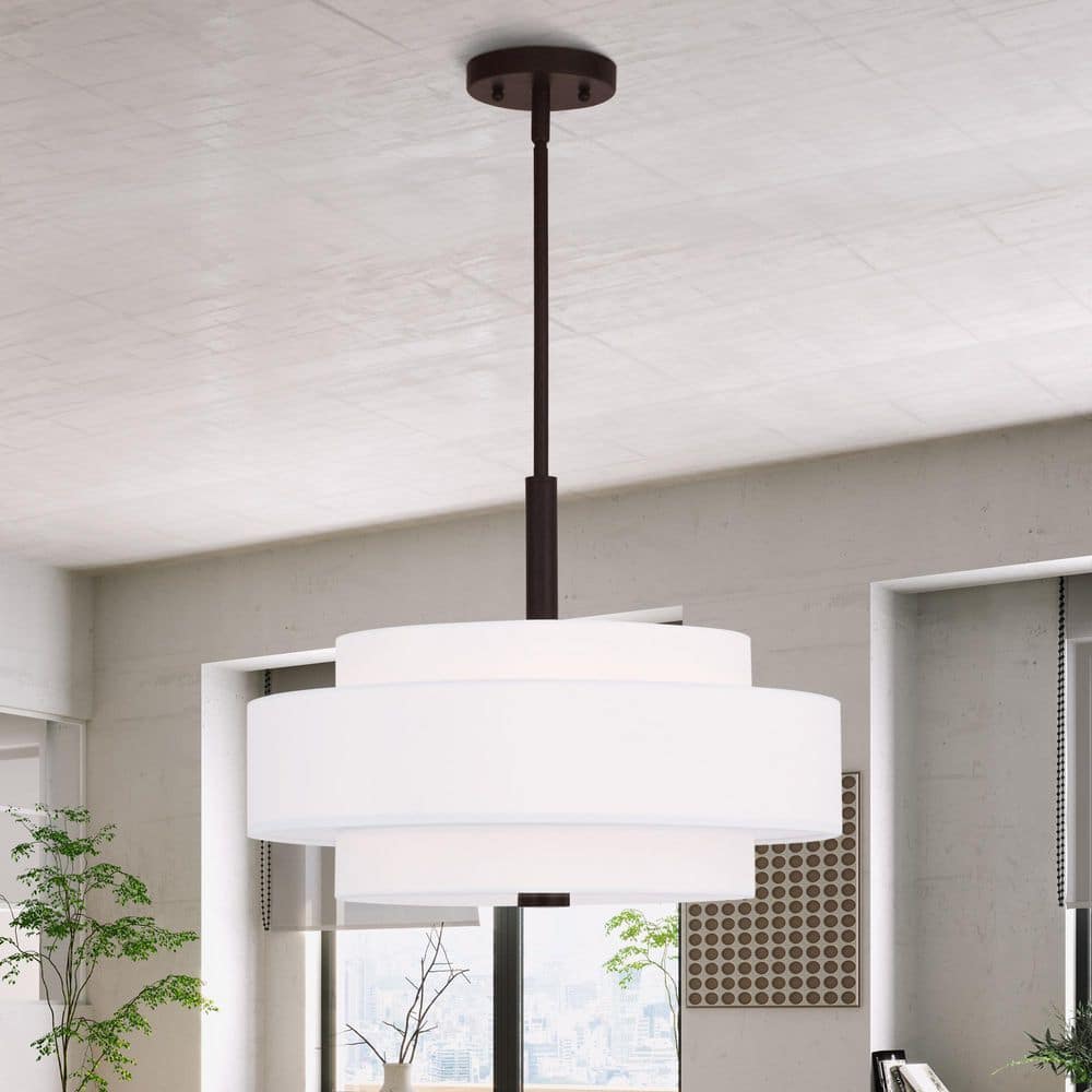Bronze 4-Light Pendant with Off-White Drum Shade