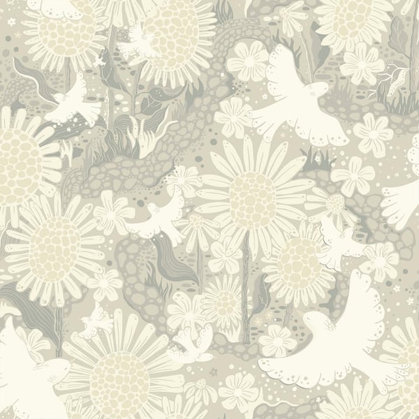 A-Street Prints Grey Drömma Songbirds and Sunflowers Paper Non-Pasted Non-Woven Matte Wallpaper