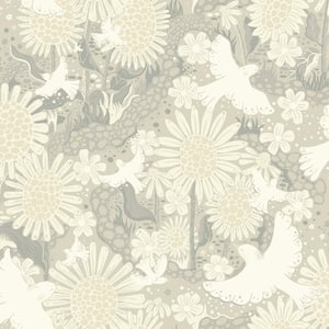 Grey Drömma Light Grey Songbirds and Sunflowers Wallpaper Sample