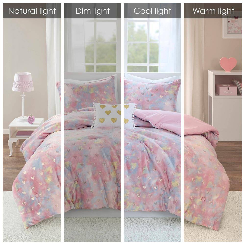 Twin Pink Multi/Gold Microfiber Plush Comforter Set with Hearts
