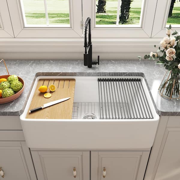 White Fireclay 33 in. Single Bowl Farmhouse Apron Workstation Kitchen Sink with Cutting Board, Bottom Grid, Strainer