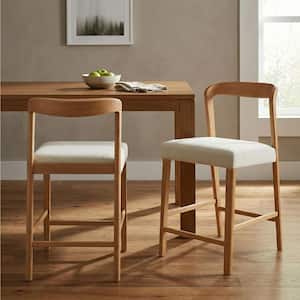 25 in. H Natural Oak and Beige Solid Rubberwood Frame Counter Stool with Fabric Seat (Set of 2)