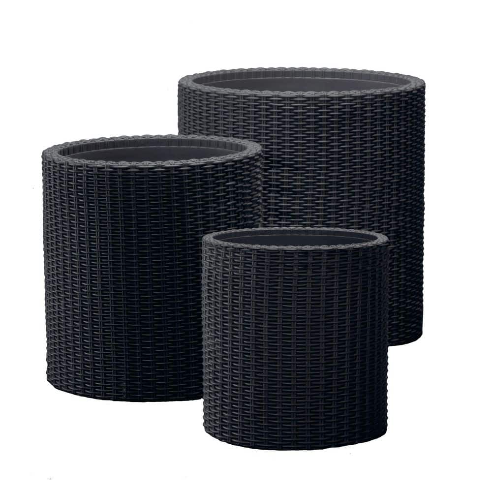 Round Black Rattan Resin Planters (Set of 3)