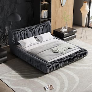 Luxury Dark Gray Solid Wood Frame King Size Upholstered Platform Bed with Soft Large Backrest and Removable Covers