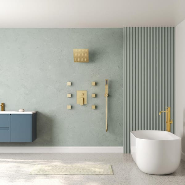 3-Spray Wall Mount Dual Shower Head and Handheld Shower with 6-Jets in Brushed Gold (Valve Included)