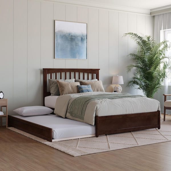 AFI Everett Walnut Brown Solid Wood Frame Full Platform Bed with Panel Footboard and Twin Trundle