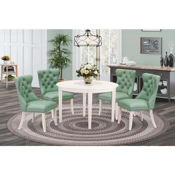 East West Furniture 5-Piece Linen White Solid Wood Top - Round Upholstered Dining Room Set - Seats 4