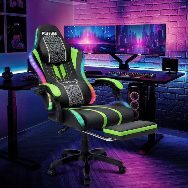Hoffree Faux Leather Massage Ergonomic Gaming Chair Big and Tall Game Chair in Green with Bluetooth Speakers LED Lights Footrest