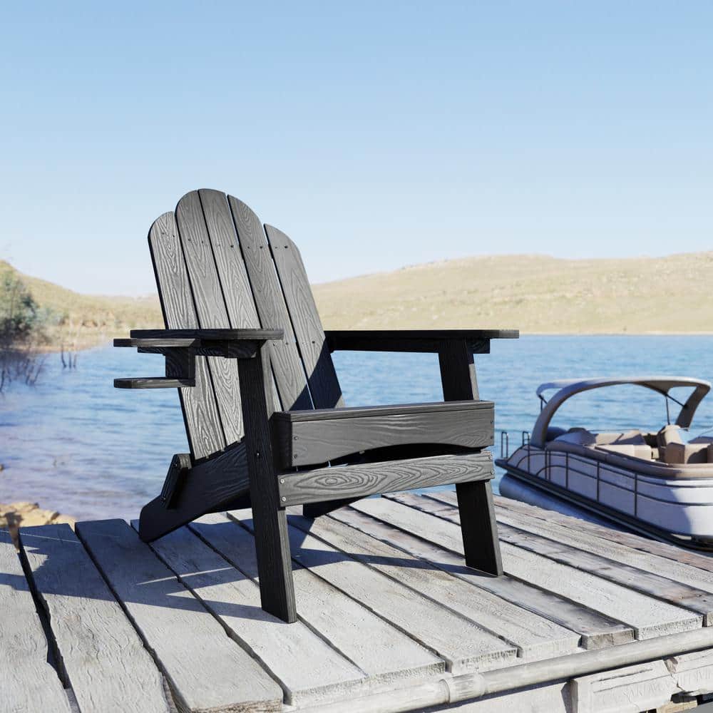 Black Foldable Poly Adirondack Chairs with Cup Holder, Set of 4