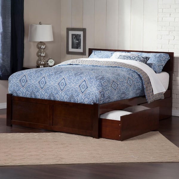 Orlando Walnut King Platform Bed with Flat Panel Foot Board and 2 Urban Bed Drawers