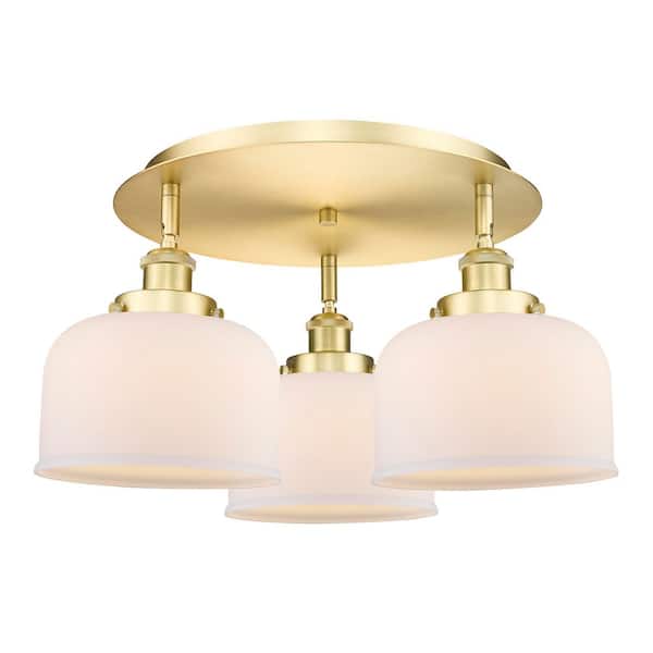 Innovations Bell 19.75 in. 3-Light Satin Gold Art Nouveau Flush Mount with Seeded Glass Shade