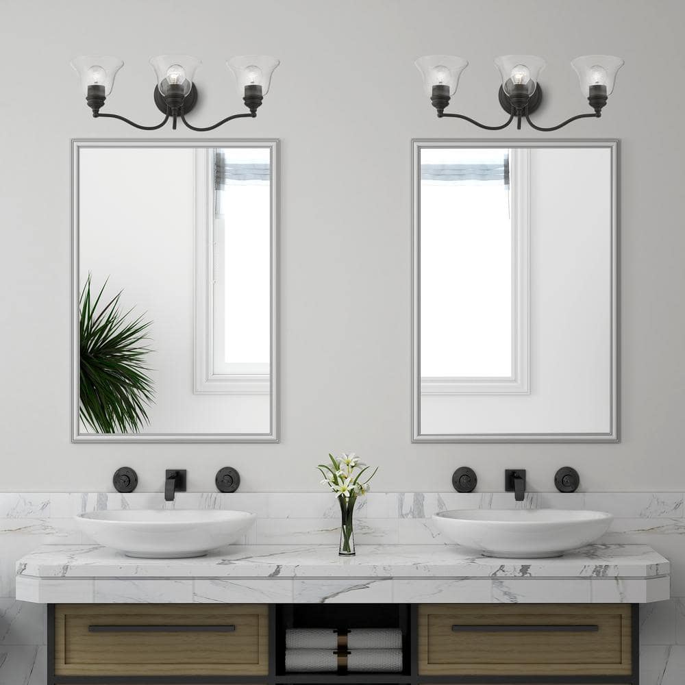Moreland Transitional 3-Light Vanity Sconce in Black with Hand Blown Glass