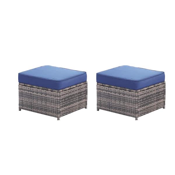Wicker Outdoor Ottoman with Blue Cushions (2-Pack)