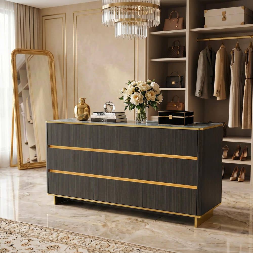 Gray Wood Grain 9-Drawer 63 in. Wide Chest of Drawers, Dresser with Marble Top, LED Light and Socket price history on PriceWatchPro