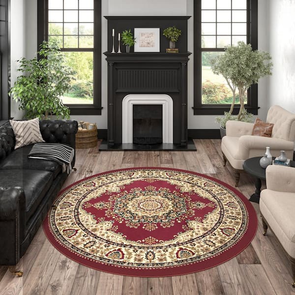 Sensation Border Red 8 ft. Round Indoor Area Rug