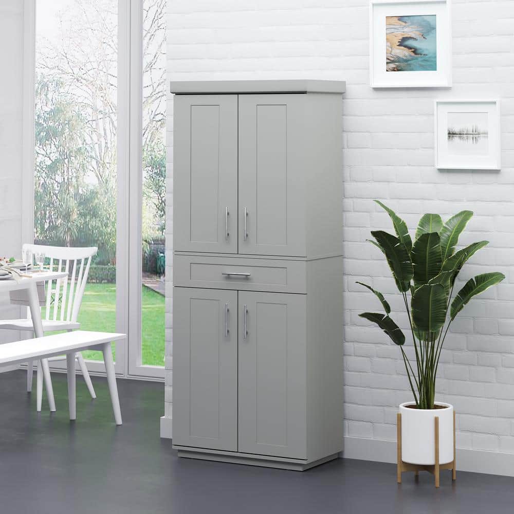 Gray Recessed Panel Freestanding Kitchen Pantry Cabinet with Adjustable Shelves