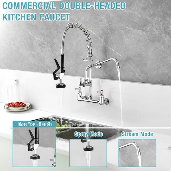 Commercial Double Handle Pull Down Sprayer Kitchen Faucet Wall Mount Pre-Rinse Spray Utility in Polished Chrome