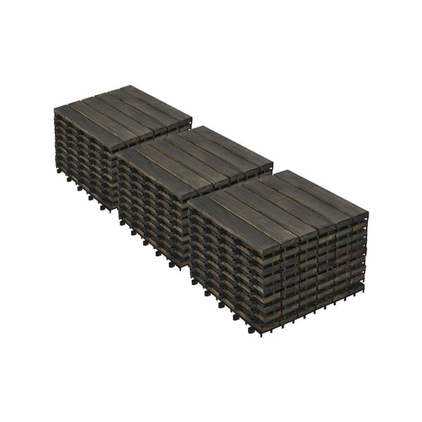 cadeninc 12 in. x 12 in. Square Acacia Wood Interlocking Deck Tiles Striped Pattern,Patio Floor Tile,Dark Brown (Set of 30)