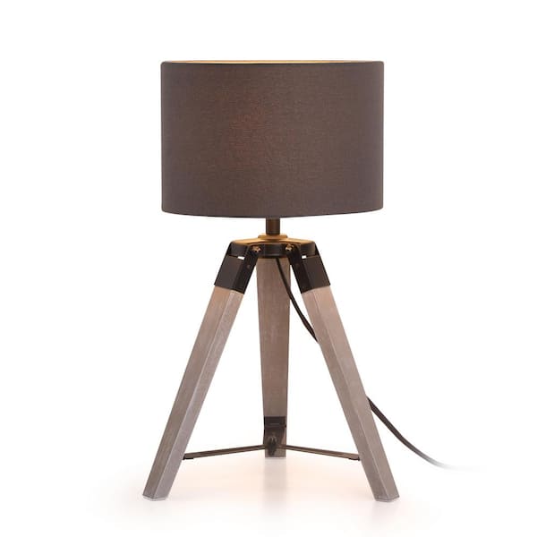 Keazile 18 in. Grey Modern Tripod Small Table Lamp with Solid Wood Legs and Grey Linen Shade for Bedside, Living Room