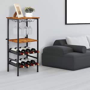 Freestanding Wine Rack with 8 Bottle Glass Holder and Wood Storage Shelves, Brown
