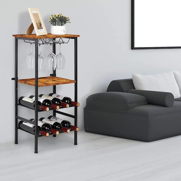 Oumilen Freestanding Wine Rack with 8 Bottle Glass Holder and Wood Storage Shelves, Brown