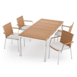 Monterey 5 Piece Stainless Steel Teak Outdoor Patio Dining Set in Canvas Natural Cushions with 72 in. Table