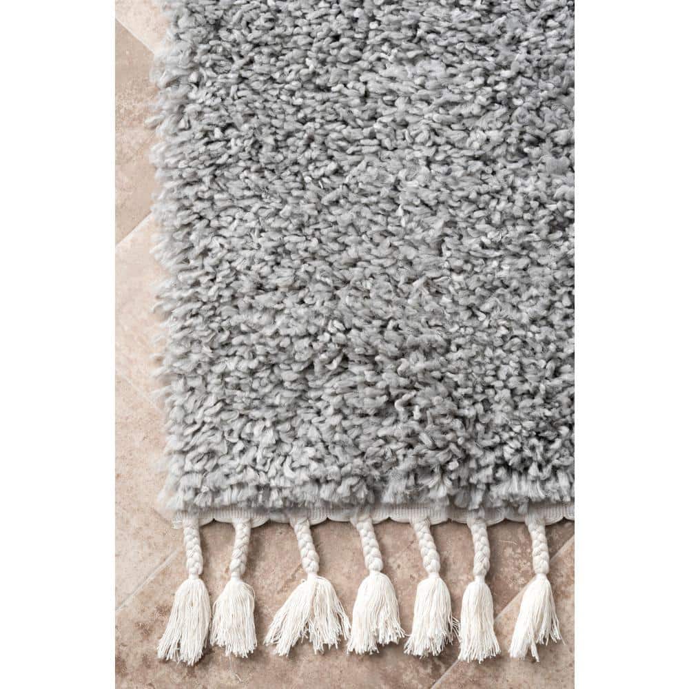 Braided Tassel Edge Shag Rug in Gray, 3' x 5', Synthetic Easy Care