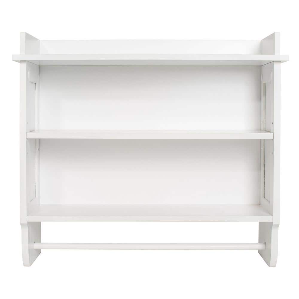 Elevated White Wooden Floating Wall Shelf with Towel Bar