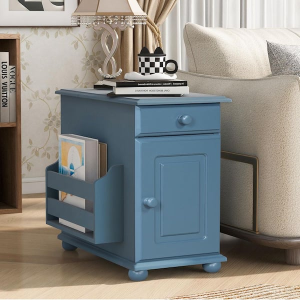 12.6" Navy Blue Classic Vintage Rectangle Wood End Table Side Table with Charging Station, Cup Holders, Side Bookshelf