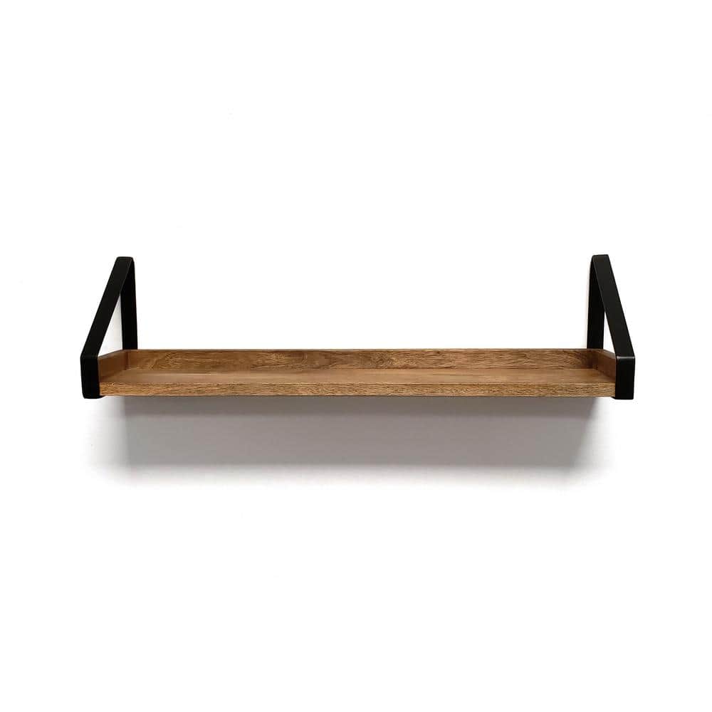24" Mango Wood Ledge Wall Shelf with Black Iron Brackets