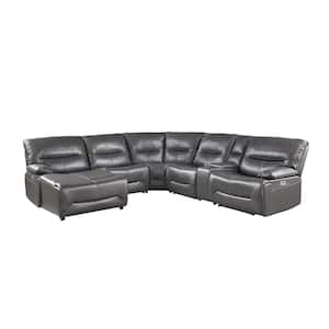 Halliday 119 in. Straight Arm 6-piece Faux Leather Power Reclining Sectional Sofa in Gray with Left Chaise