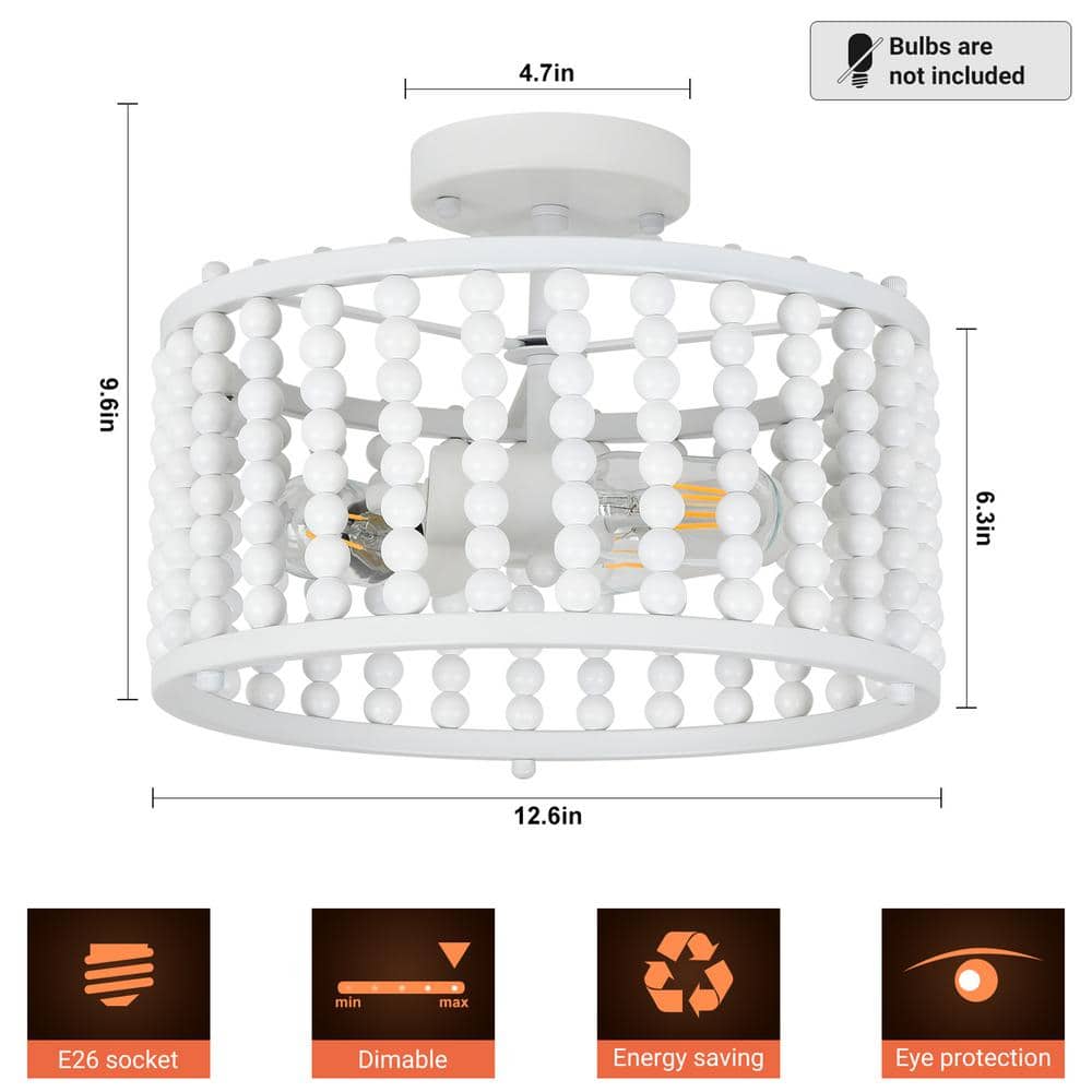 12.6" White Beaded Metal Farmhouse Semi-Flush Mount Light