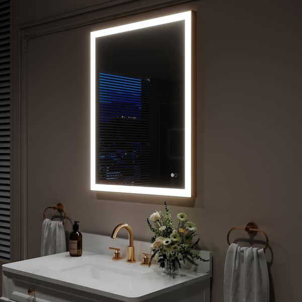 ANGELES HOME 28 in. W x 36 in. H Rectangular Framed Dimmable Wall LED Bathroom Vanity Mirror in Gold,Anti-Fog,Support Wall Switch