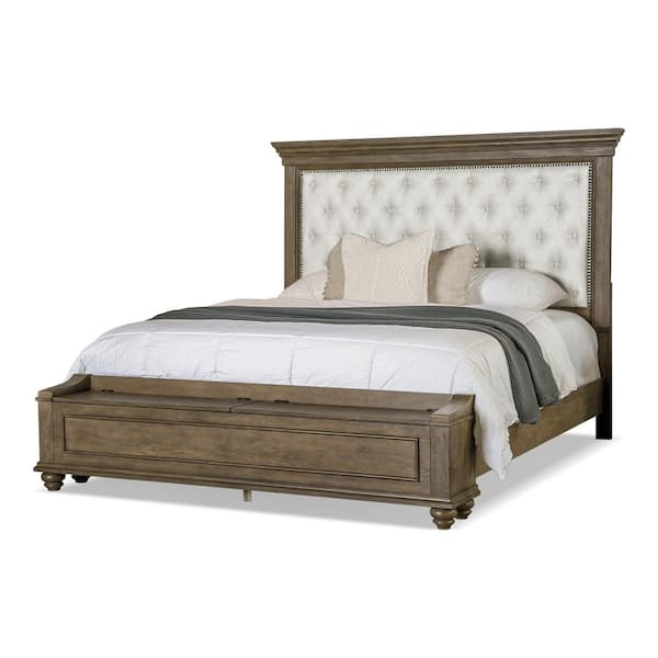Lander Brown Wood Frame King Panel Bed with Padded Headboard and Button Tufting