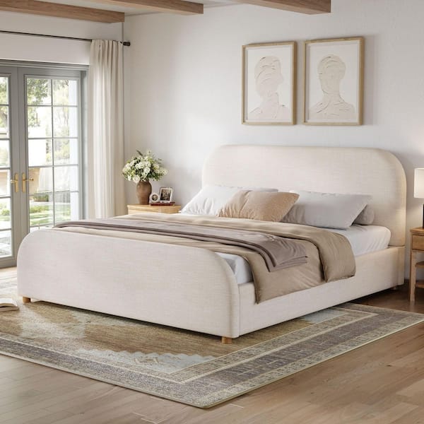 Dresvik Modern Beige Wood Frame King Size Platform Bed with Linen Upholstered Curved Headboard and Footboard
