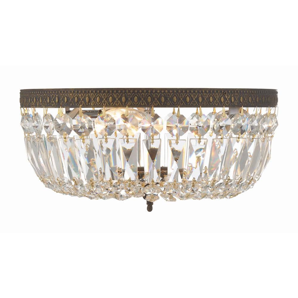 English Bronze and Crystal 3-Light Flush Mount Ceiling Fixture
