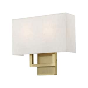 Pierson 13 in. 2-Light Antique Brass ADA Sconce with Oatmeal Color Fabric Shade