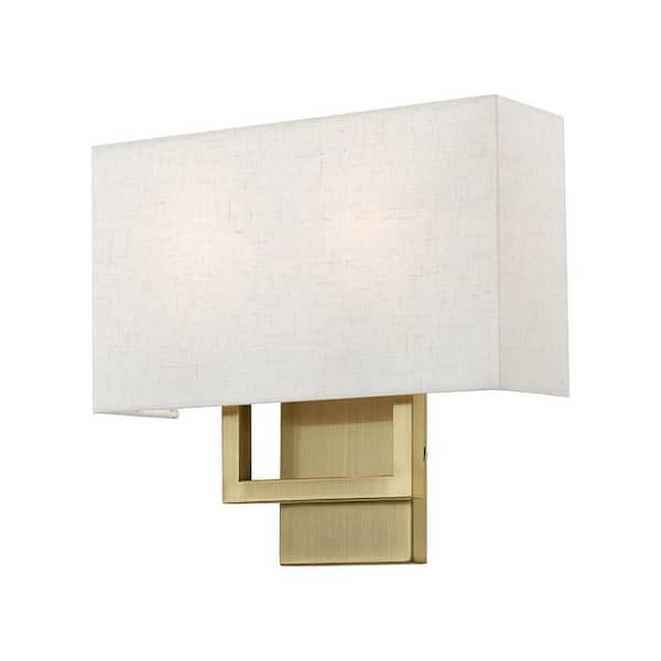 Livex Lighting Pierson 13 in. 2-Light Antique Brass ADA Sconce with Oatmeal Color Fabric Shade