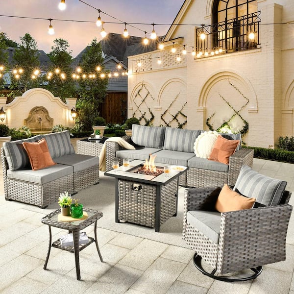 HOOOWOOO Crater Grey 9-Piece Wicker Patio Fire Pit Conversation Sofa Set with a Swivel Rocking Chair and Striped Grey Cushions