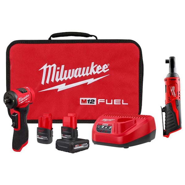 M12 FUEL 12V Lithium-Ion Brushless Cordless 1/4 in. Right Angle Die Grinder with M12 Cordless 3/8 in. Ratchet