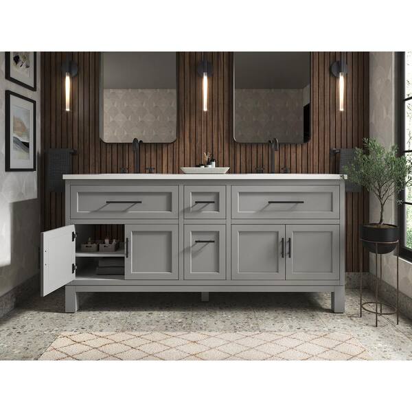 KOHLER Quo 73in. Double Sink Freestanding Mohair Grey Bath Vanity with White Quartz Top Assembled