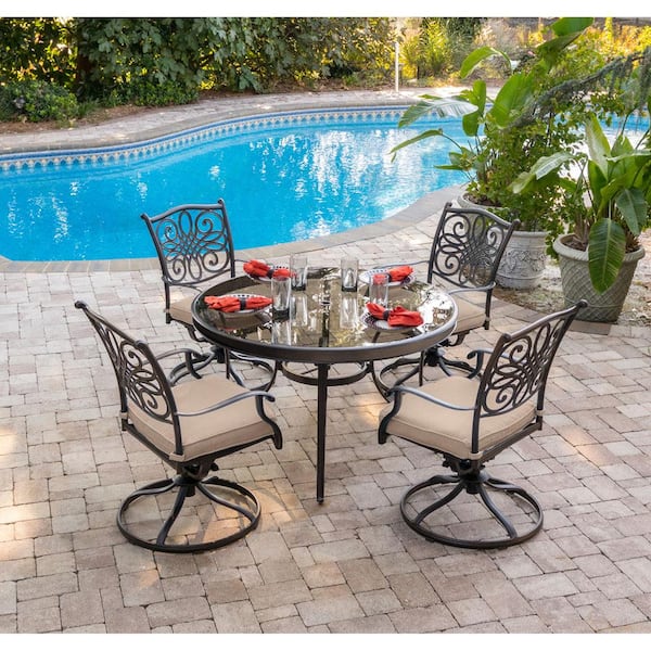 Hanover Traditions 5-Piece Aluminum Outdoor Dining Set with Round Glass-Top Table and Swivel Chairs with Natural Oat Cushions