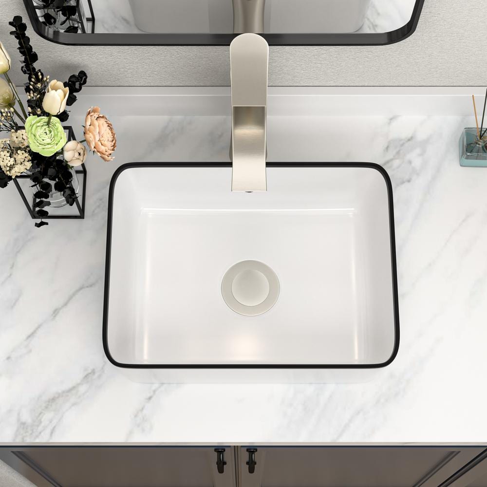 16 x 12 Inch White Ceramic Rectangular Vessel Sink with Black Rim