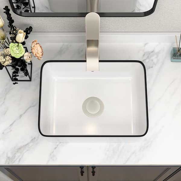 16 in. Rectangle White Ceramic Vessel Sink with Black Rim Above Counter Bathroom Sink without Faucet