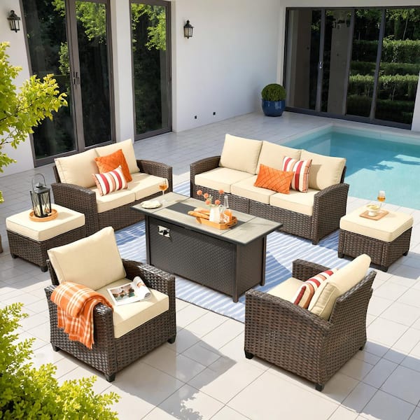 Caodoc Serena Grey 7-Piece Modern Outdoor Wicker Patio Furniture Conversation Set with Metal Fire Pit and Beige Cushions